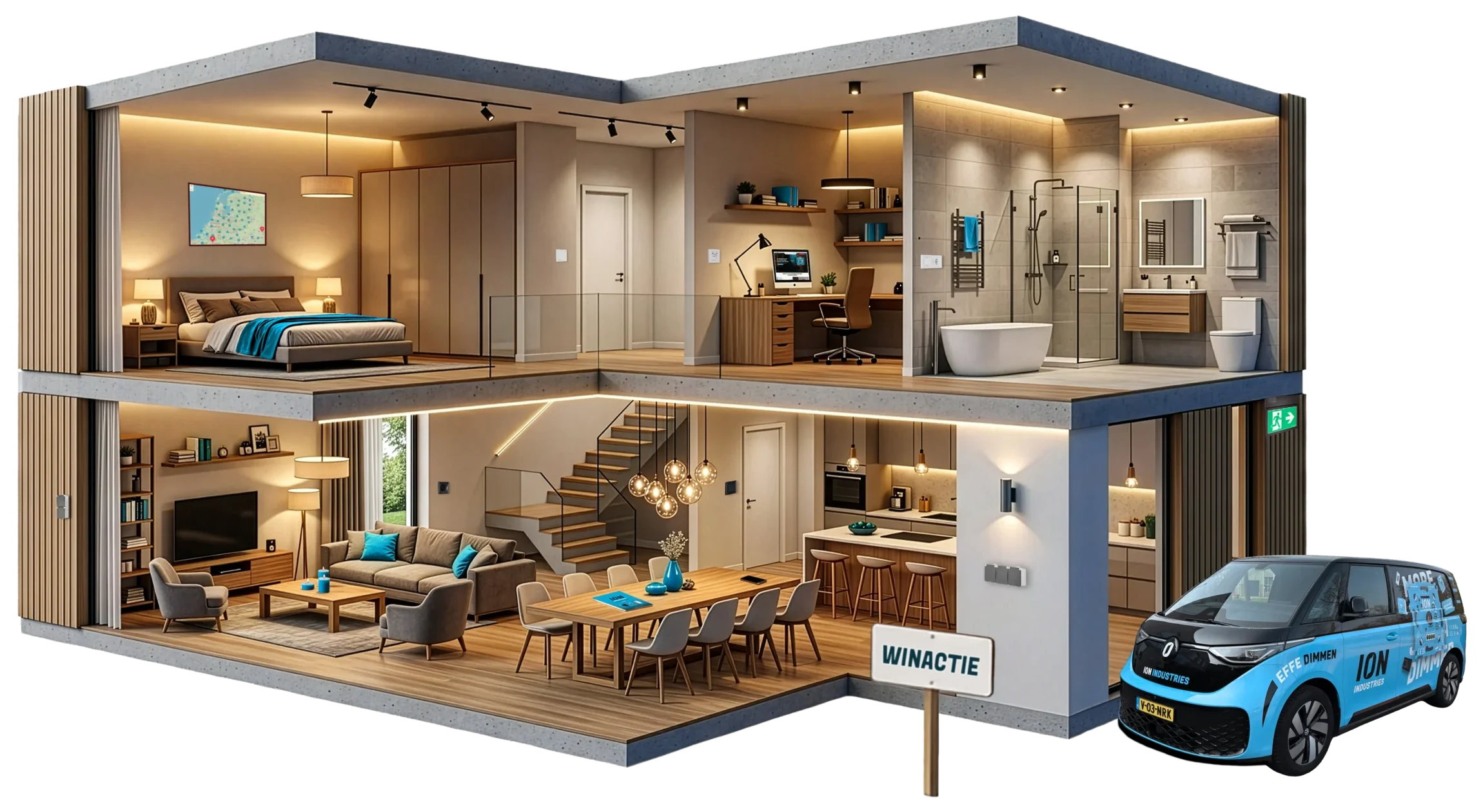Doorsnede van een woning vol ION schakelmateriaal